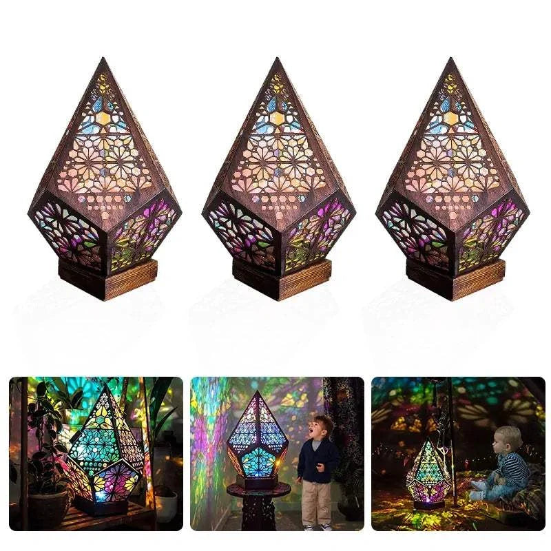 Wooden LED projection night lamp with intricate floral designs, casting colorful light patterns in a room.