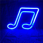 Blue neon bar light with music note design.