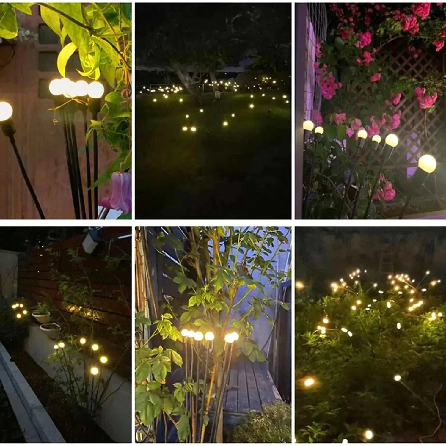 Solar Firefly Lights illuminating a garden with a whimsical glow at night.