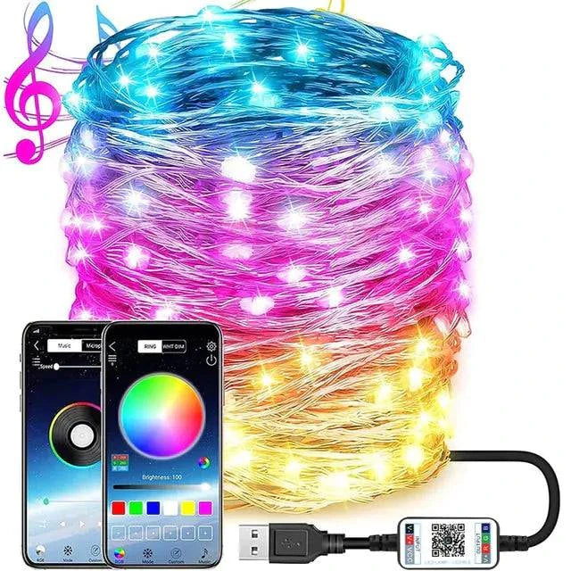 LED String Lights Christmas with smart lamp features, 16 million colors, music sync, and timer function.