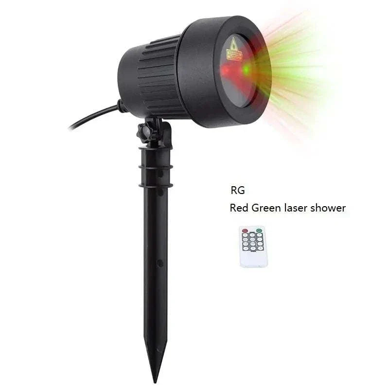 Christmas Laser Projector Lights with red and green laser shower, remote control, and garden stake.