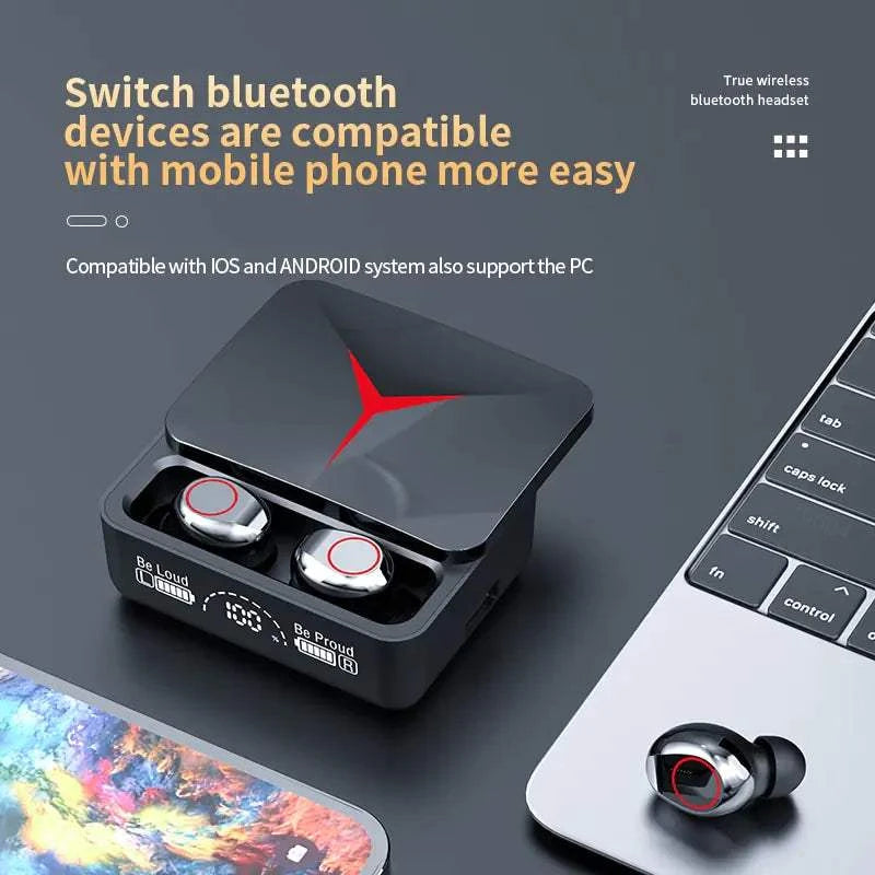 Bluetooth 5.3 TWS headset with advanced features, shown with charging case and connected devices.