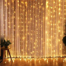 Christmas curtain lights illuminating a room with warm glow, perfect for festive decor.