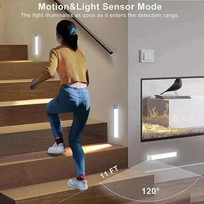 LED under counter lights illuminating stairway with motion and light sensor mode.