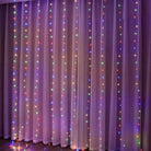 Christmas curtain lights illuminating a room with colorful festive glow.