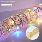 Festive Ribbon Home Bows Christmas Lights intertwining delicate gold ribbon with multicolored LEDs for holiday decor.