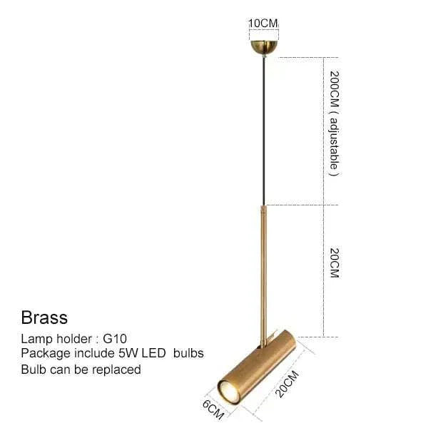 Brass Spotlight Pendant Light with adjustable height and LED bulb details.