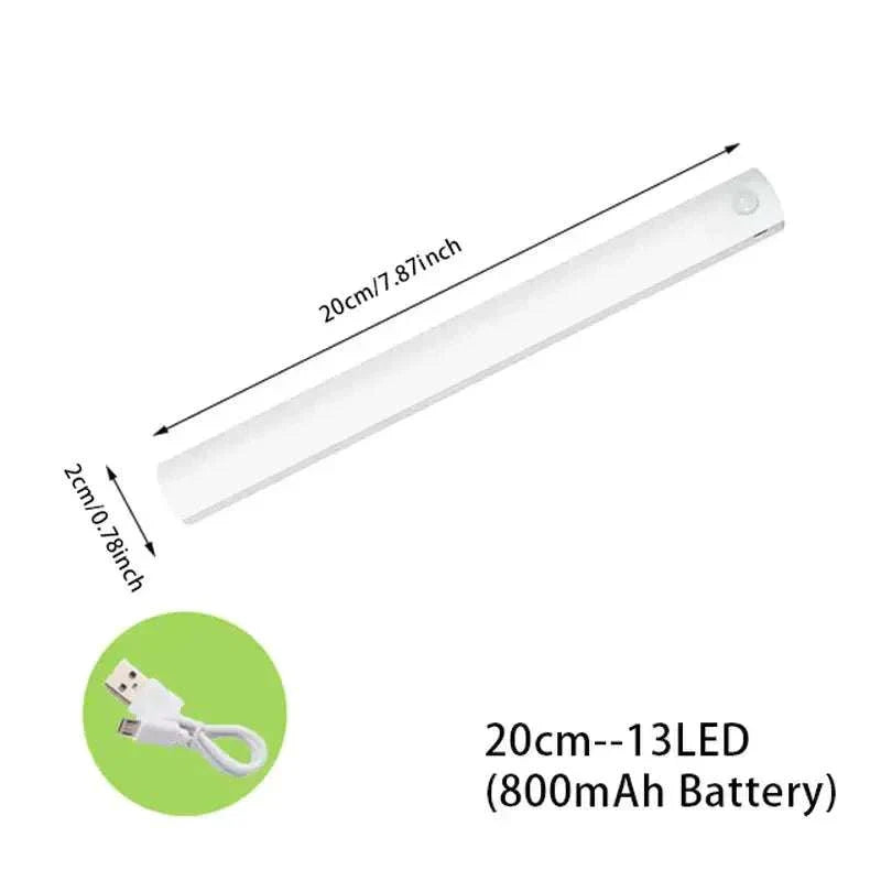 Motion Sensor Light Wireless LED Night Light with 13 LEDs and 800mAh battery, dimensions 20cm x 2cm.