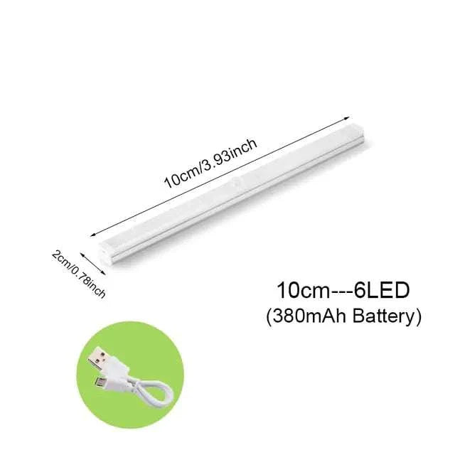 Motion Sensor Light Cabinet Lighting Kit with 6 LED, 10cm size, USB charging cable included.