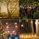 LED Solar Christmas Lights illuminating outdoor spaces with vintage Edison bulbs and warm ambiance.