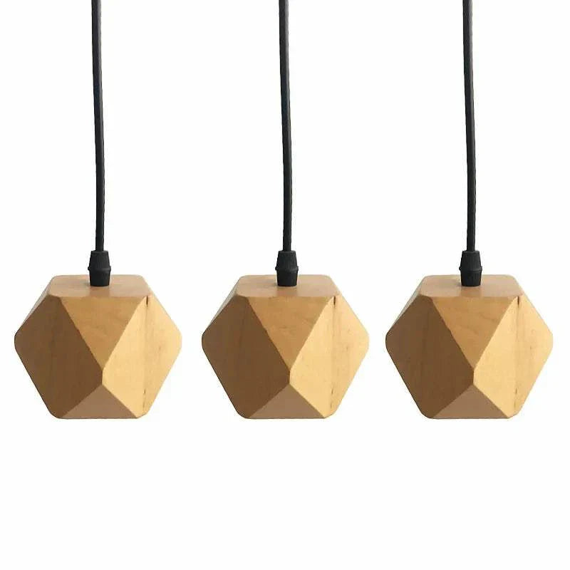 Wood pendant lights made of solid wood and metal, geometric design, ideal for living room or dining room.