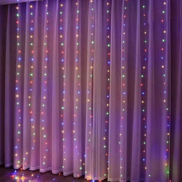 LED Christmas Lights Curtain Garland with multicolor festive glow, 8 lighting modes for indoor and outdoor decoration.