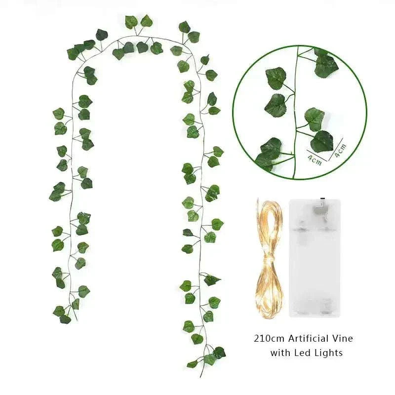 Green Leaf String Lights with warm white LED illumination, artificial leaf design, flexible and easy-to-install for indoor decor.