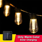 LED Solar Christmas Lights with warm Edison bulbs for outdoor ambiance.