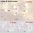 Splatter Chandelier with 6, 8, and 10 arms in white and gold holder, dimensions shown.