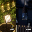 LED Solar Christmas Lights with vintage Edison bulbs illuminating a garden, showcasing brightness comparison.