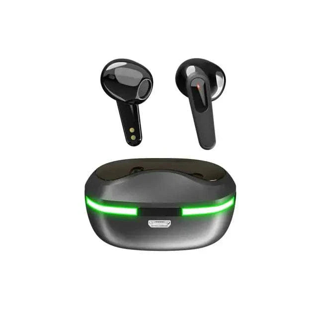 Wireless headphones with sleek design and charging case.