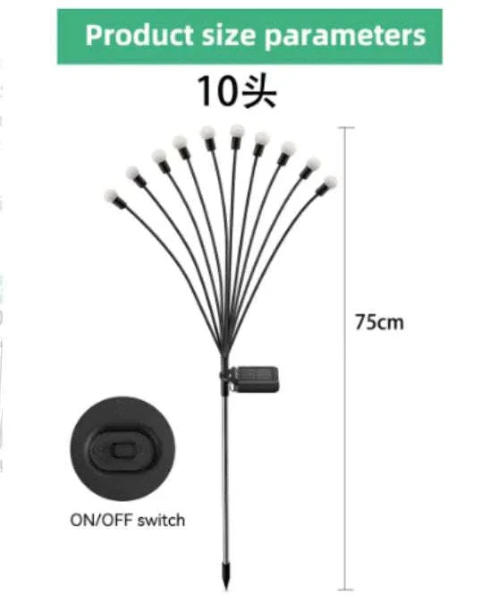 Solar Firefly Lights, 10-head configuration, 75cm tall with an on/off switch.