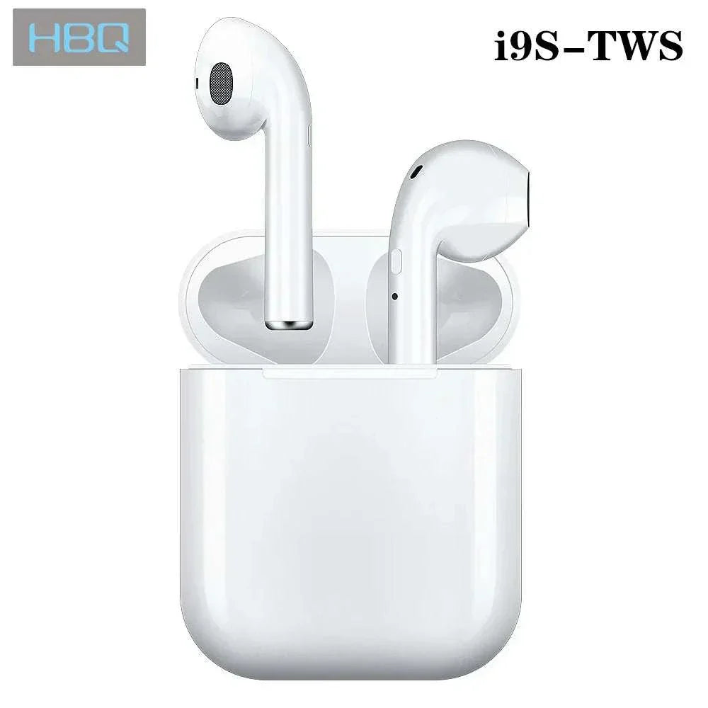 i9S TWS wireless headphones with charging case and Bluetooth capability.