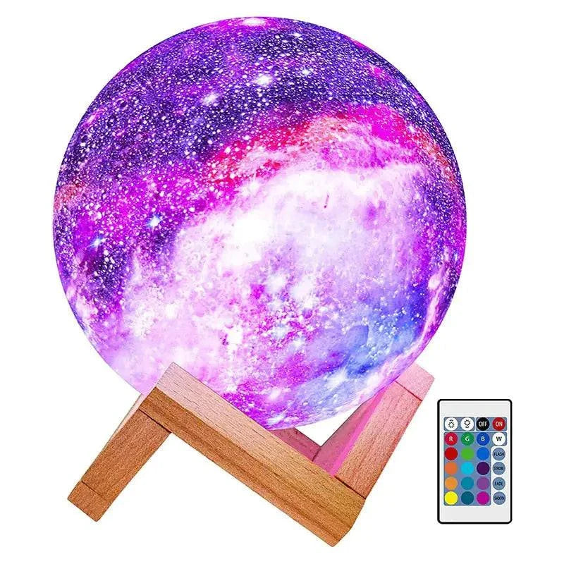 Galaxy Lamp with starry sky projection and adjustable lighting modes on wooden stand.