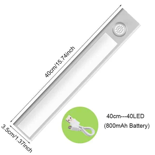 Motion Sensor Light Cabinet Lighting Kit with USB charging cable and dimensions displayed.