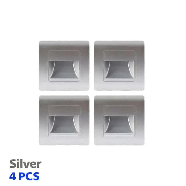 Silver indoor wall LED lighting with motion sensor, 4 pieces set, recessed design.