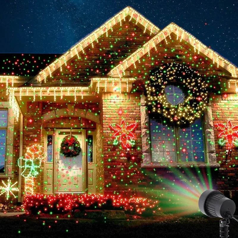 Christmas Laser Projector Lights illuminating a festive house with red, green, and blue stars and twinkling effects.