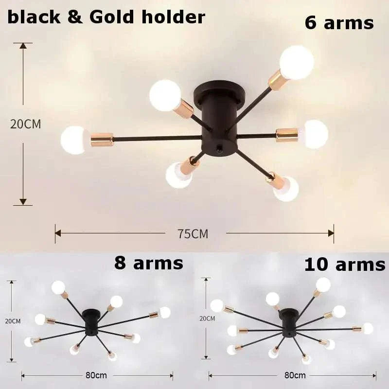 Modern Splatter Chandelier with black and gold holder, featuring options with 6, 8, or 10 arms; crafted from durable iron for elegant illumination.