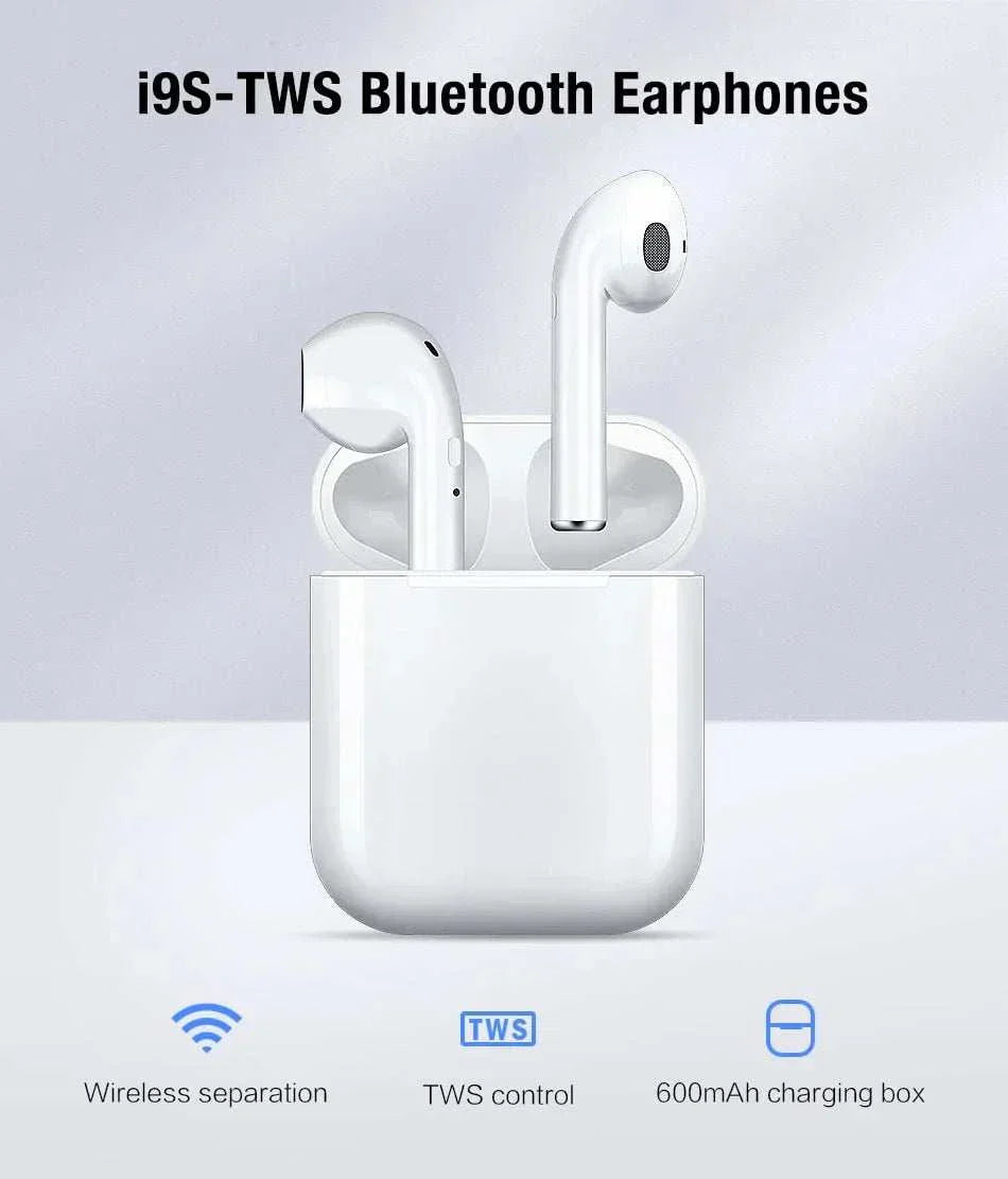 i9S TWS Bluetooth wireless headphones with charging case.