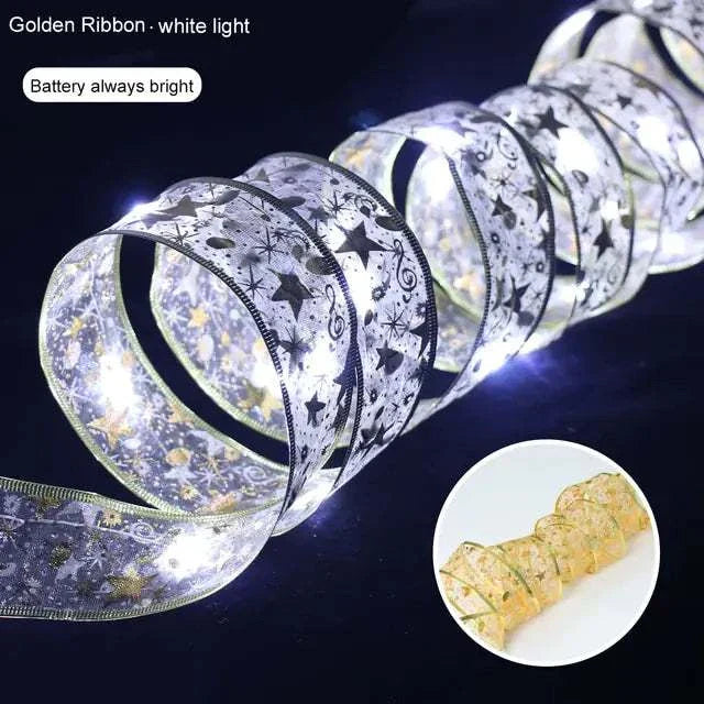 Ribbon Home Bows Christmas Lights with golden star pattern and white LED lights