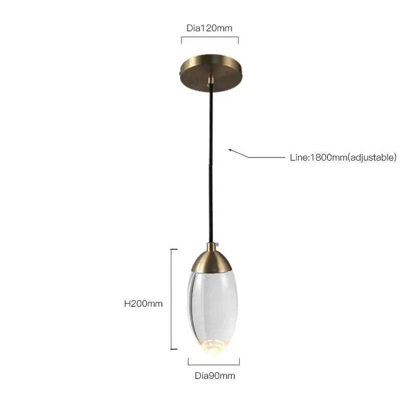 Elegant Raindrop Pendant Lights with copper and glass design, adjustable line, LED bulbs, ideal for bedrooms and living areas.