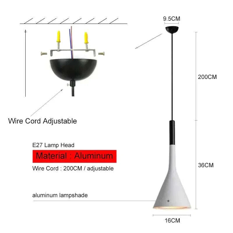 Funnel Pendant Lights with adjustable wire cord and aluminum lampshade, showcasing sleek design and warm glow.