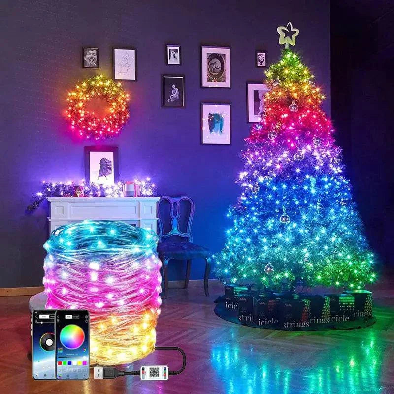 LED String Lights Christmas Smart Lamp with colorful effects and music sync feature, ideal for festive decorations.