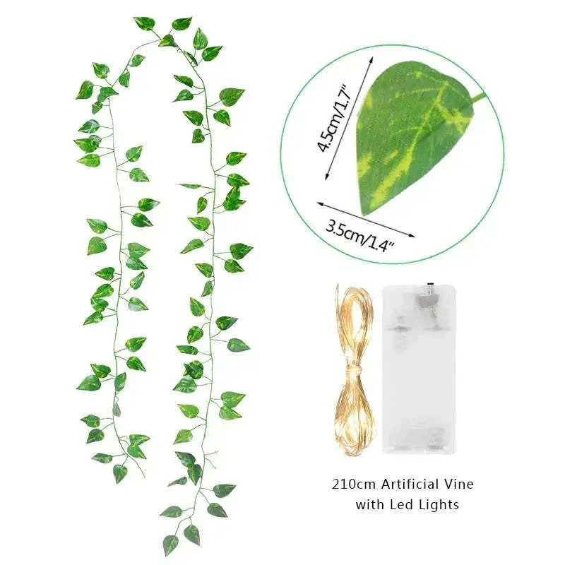 Green Leaf String Lights with LED, artificial leaf design, 210cm length, warm white illumination.