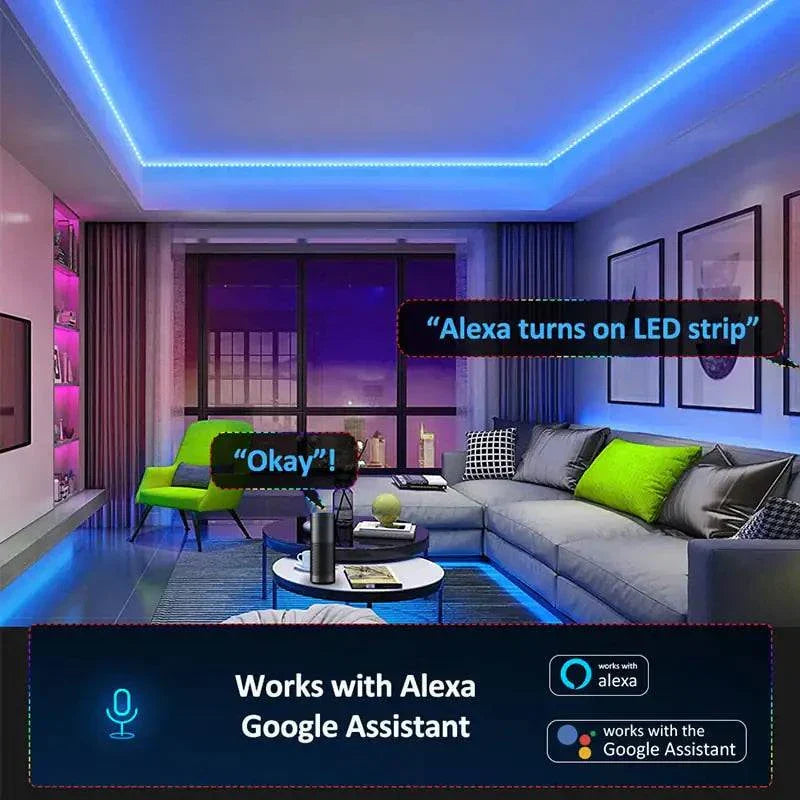 LED rope lights illuminate a modern living room with voice control features via Alexa and Google Assistant.