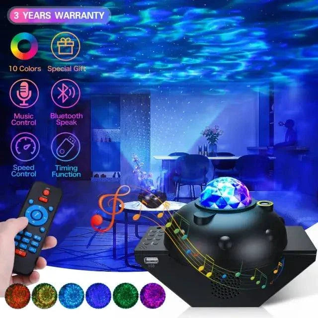 Northern Lights Star Projector casting auroras and stars with remote control and colorful ambiance in a room.