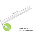 Wireless LED motion sensor night light, strip shape, 54 LEDs, 1000mAh battery, 40cm length.