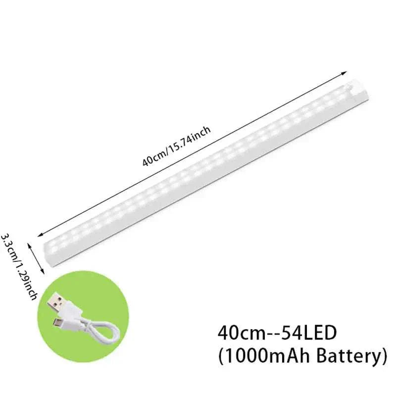 Wireless LED motion sensor night light, strip shape, 54 LEDs, 1000mAh battery, 40cm length.