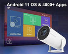 HD WiFi mini projector with Android 11 OS and 4000+ apps for giant screen viewing.