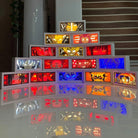 Anime neon light boxes displaying vibrant anime characters.