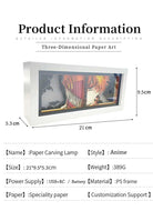 Anime neon light box with three-dimensional paper art featuring anime characters, USB and battery powered, 21x9.5x5.3 cm.