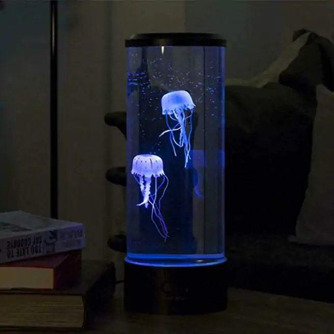 Jellyfish lamp with color-changing LED lights creating a serene underwater ambiance.