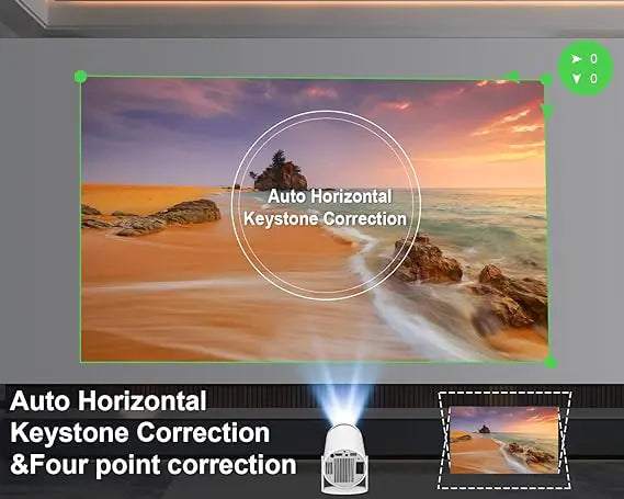 K P WiFi Mini Projector HD displaying a beach scene with auto horizontal keystone correction feature.