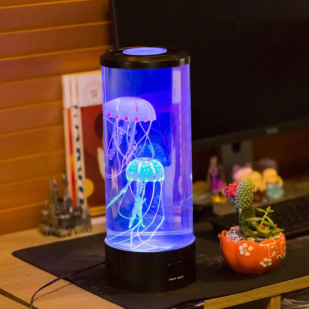 Jellyfish lamp with color-changing LED lights on a desk, creating an ocean-themed ambiance.