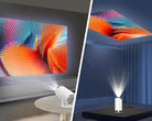 HD WiFi mini projector displaying colorful images on large screens indoors.