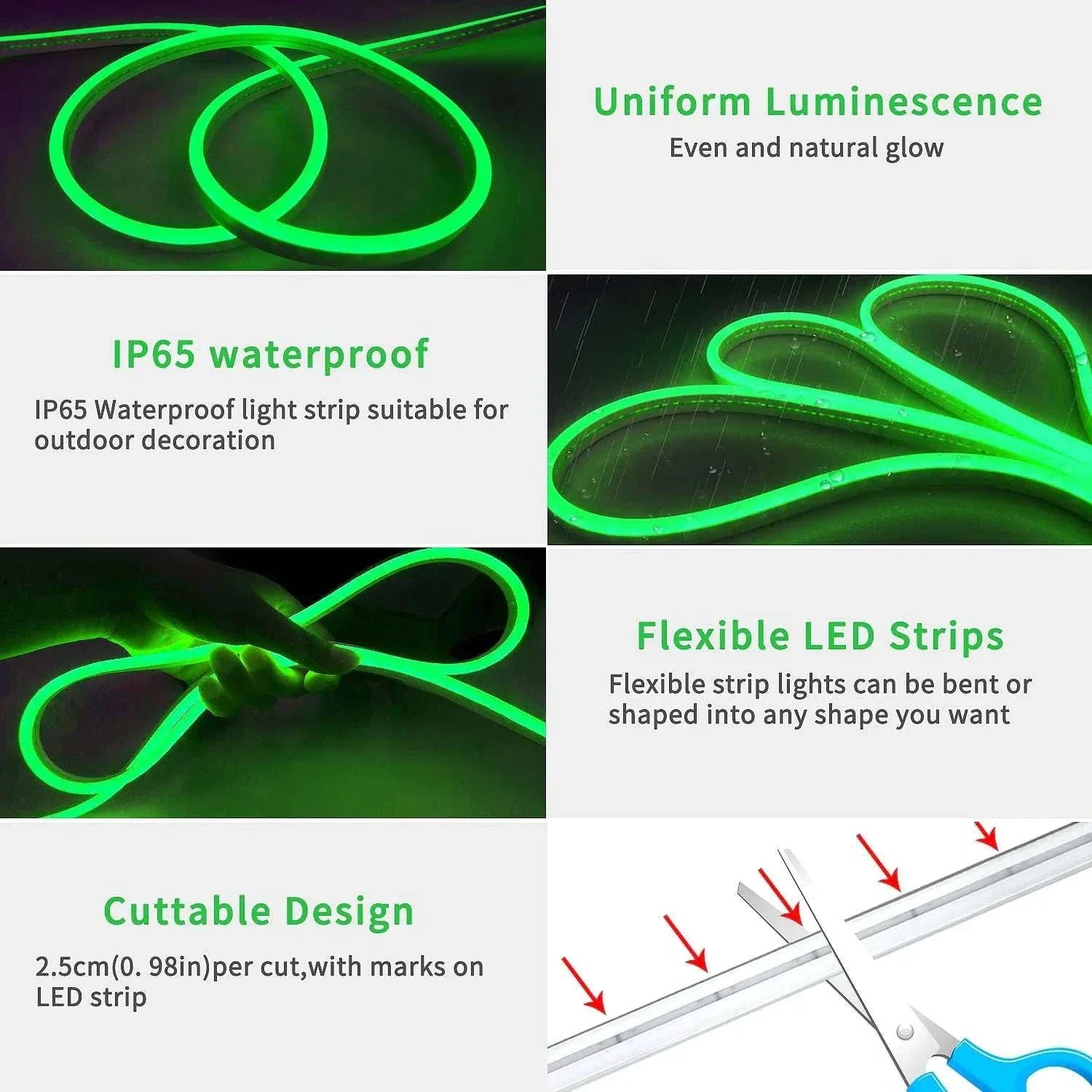 LED rope lights with uniform luminescence, waterproof and flexible design, ideal for indoor and outdoor use.