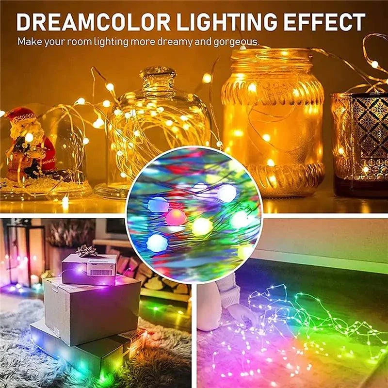 LED String Lights Christmas with multicolor glowing effect illuminating festive decorations.