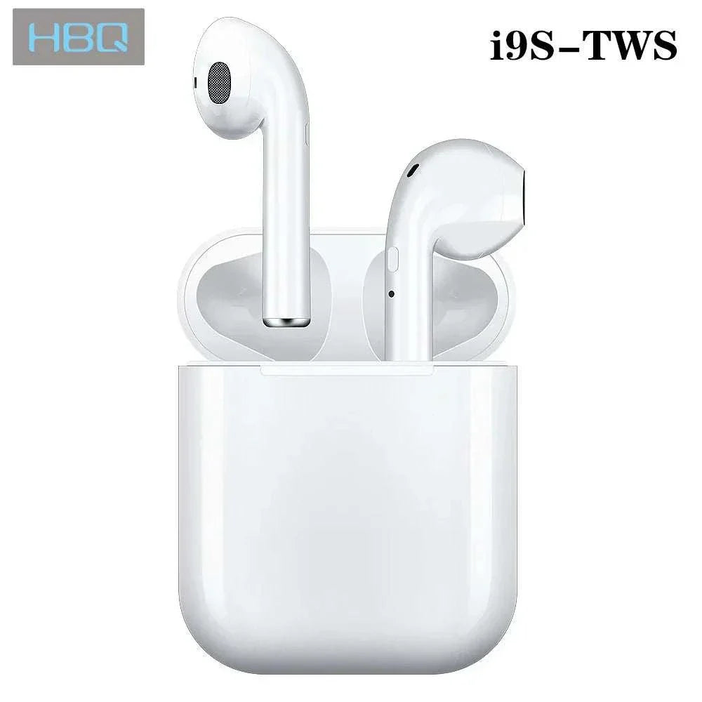 i9S TWS wireless headphones with charging case, featuring Bluetooth connectivity.