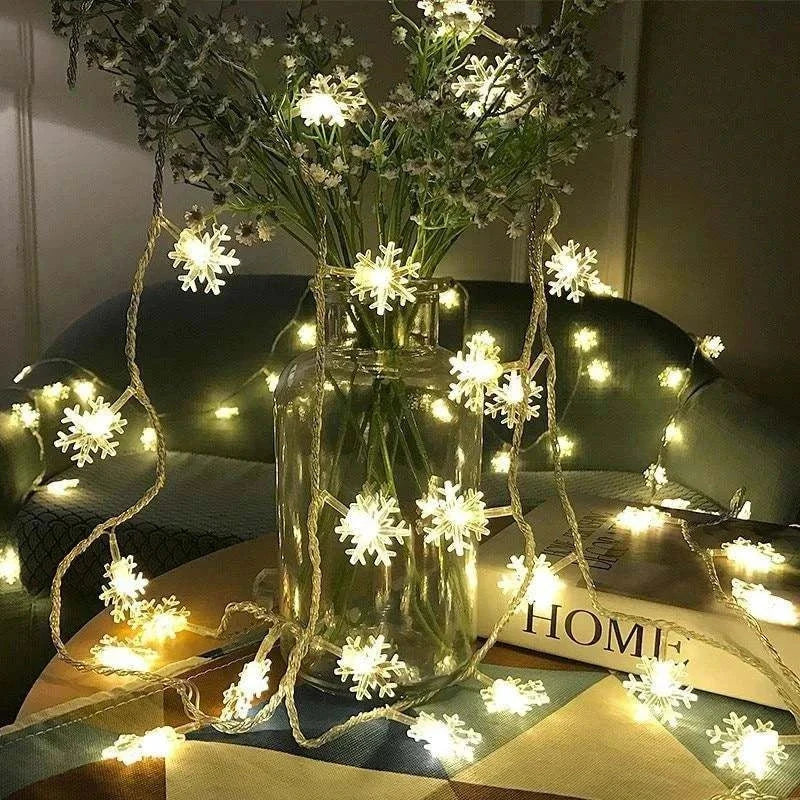 LED Snowflake Lights illuminating a festive indoor setting.