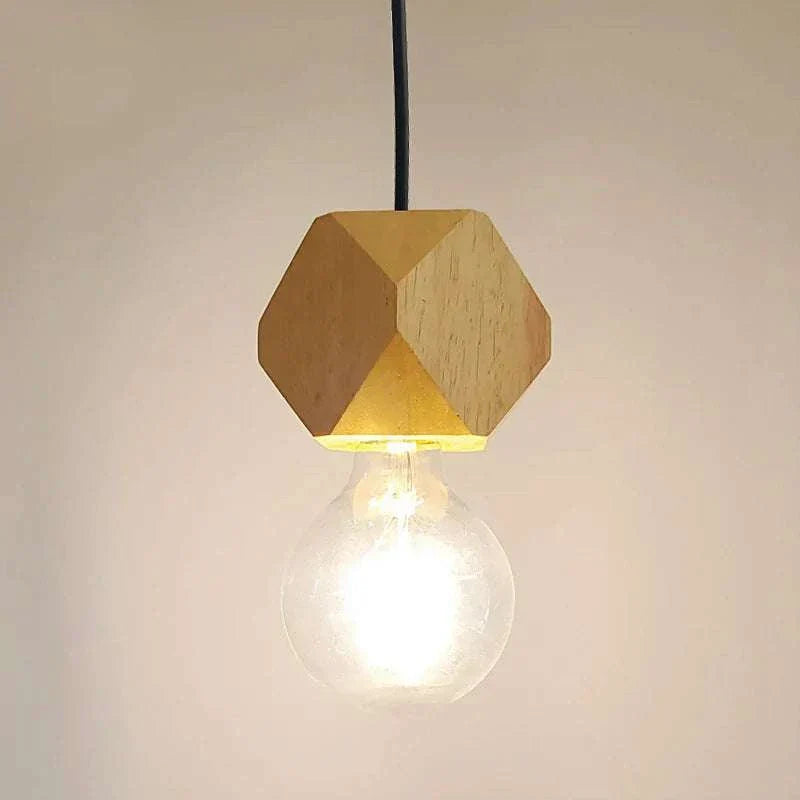 Wood pendant light with geometric design, crafted from solid wood and metal, ideal for living areas.